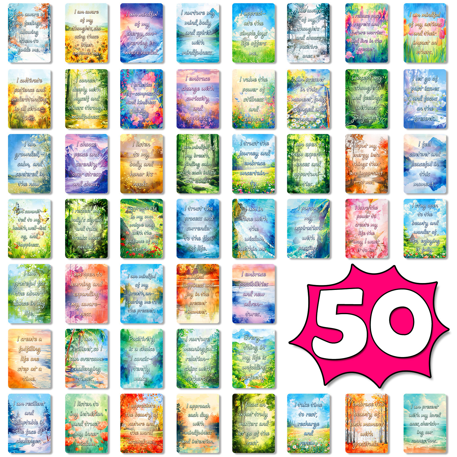 Kids Education Quote - 50Pcs Watercolor Landscape Inspirational Quote Cards